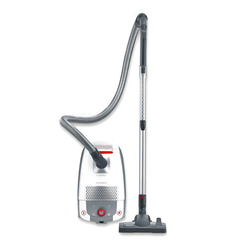 SEVERIN BC7047 7047 Vacuum Cleaner with Bag, Powerful & Quiet Vacuum Cleaner with 360° Wheels, HEPA 13 Filter, Accessories for Carpet & Hard Floors, White/Red
