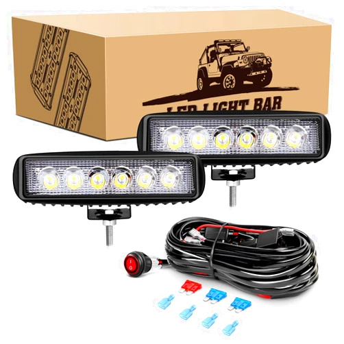 GOOACC 2 PCS 18w Spot Led Light Bar Work Light Pods Off Road Driving Light Fog Light Reverse Lights with 16AWG Off Road Wiring Harness-2 Leads for Truck Truck Boat SUV ATV, 2 Years Warranty