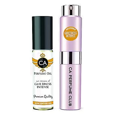 CA Perfume Duo Impression of Guiltiness Intense For Women Eau de Parfum Refillable Atomizer Sprayer + Fragrance Body Oil Long Lasting Sample Travel Size Roll-On Bottle 0.27 Fl Oz+0.33 Fl Oz