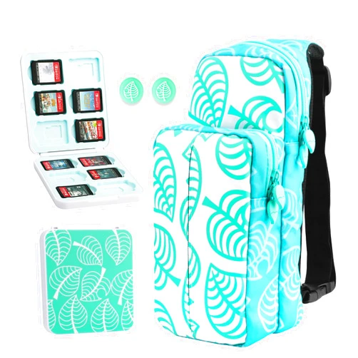 GLDRAM Travel Bag Bundle for Nintendo Switch, Cute Carrying Case for Switch Lite & Switch OLED, Shoulder Bag Accessories Kit for Switch with Game Case, Thumb Grip Caps ( Animal Leaf Crossing)