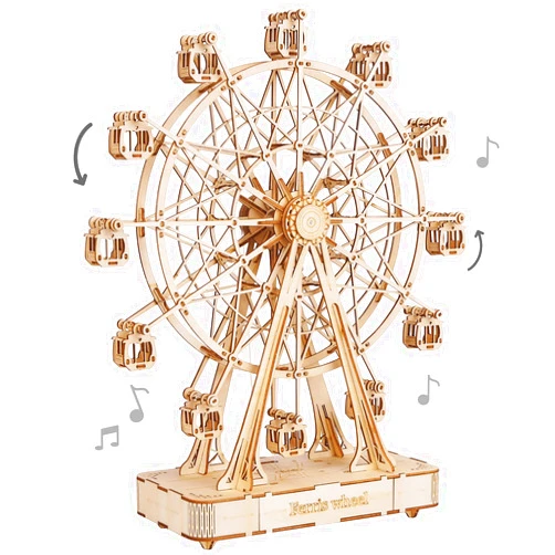 Rolife 3D Wooden Puzzle Hand Crank Music Box Machinarium Toys-DIY Wood Craft Kit-Creative Gift for Boys Girls Adults Kids When Christmas/Birthday (Ferris Wheel Wood Color)