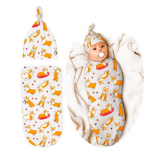 Lcokin Cute Swaddle Blanket Dog Corgi Baby Stuff Newborn Baby Swaddling Blanket Sleep Sack with Beanie Hat Sets for Boys Girls Infant and Baby Shower Unisex