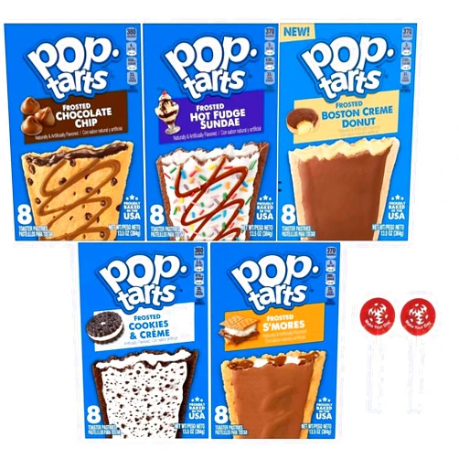 Make Your Day Pop Tarts Frosted Toaster Pastries, Chocolate Chip, Hot Fudge Sundae, Boston Creme Donut, Cookies & Creme, and Smores, 13.5 Ounce (Pack of 5) - with Two Make Your Day Lollipops