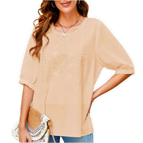Drakloak Women's 3/4 Sleeve Cotton Casual Tops,V Neck Embroidery Blouse for Women,Jacquard Blouses Loose Tops t-Shirt