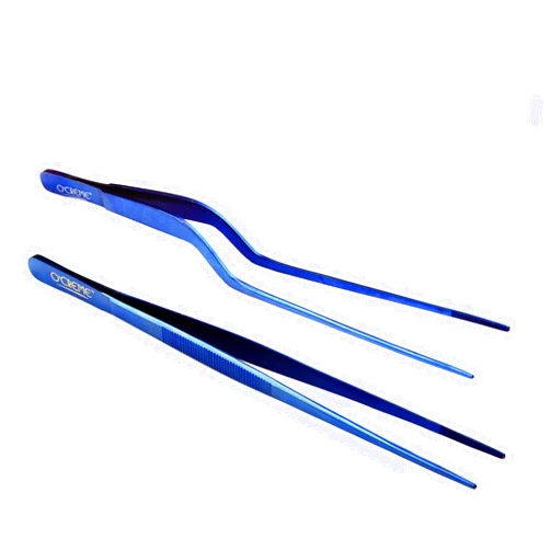 O'Creme Culinary Stainless Steel Tweezer Tongs Set of 2 - One 10 Inch Straight and One 8 Inch Offset Blue Color