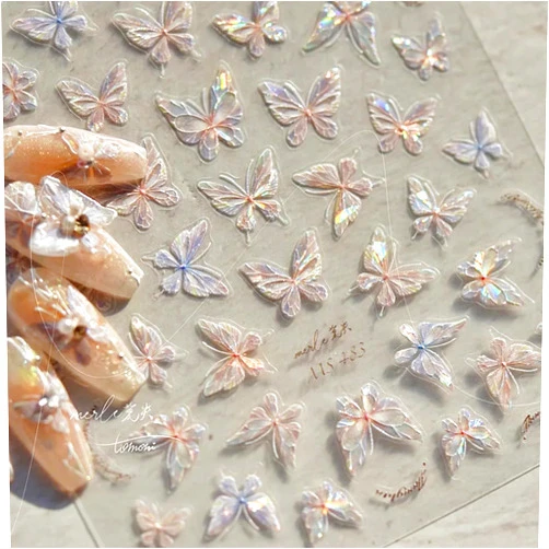 FBABFBUO Butterfly Nail Art Stickers, Pink Shell Butterfly, 5D Embossed Aurora Decals for Women and Girls
