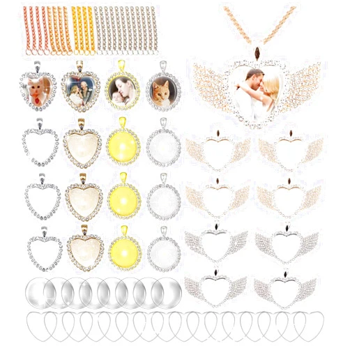 Aulufft 72 Pcs Rhinestone Bezel Wings Pendant Kit, 3 Styles Bezel Pendant Trays, Glod and Silver Sublimation Necklace Blank with Chain, Clear Glass Cabochons for Christmas Making Crafts Wedding Jewelry Gifts