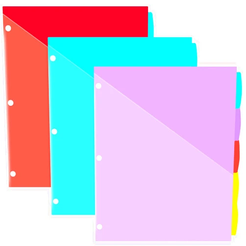 JISUSU 5-Tab Plastic Binder Dividers with One Front Pockets - 3 Sets, 15 pcs Multicolor Pocket dividers for 3-Ring Binders, dividers with tabs