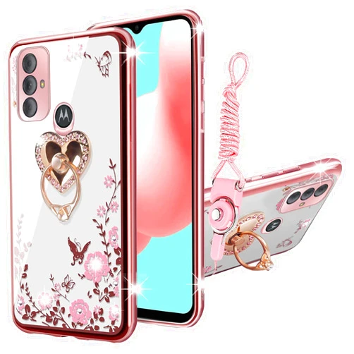 KuDiNi for Moto g Pure Case, Moto g Power 2022 Case Moto G play 2023 Case for Women Glitter Crystal Butterfly Heart TPU Luxury Bling Protective Cover with Kickstand+Strap for Moto g Pure (Rose Gold)