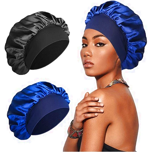 Generic Luxury Bonnet Wide Edge Caps Silk Satin Hair Bonnet (Black)