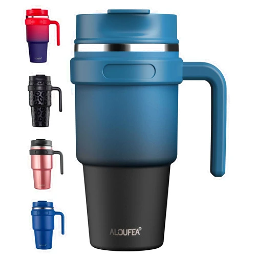 ALOUFEA 20 oz Insulated Coffee Mug Tumbler with Handle, Stainless Steel Travel Mug Tumbler with Lid and Straw,Double Wall Vacuum Leak Proof Ice Coffee Thermal Cup, Indigo Black