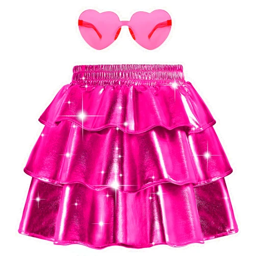Techcity Girls Metallic Skirt Shiny Sparkle 3-Layer Ruffle Skirts Dance Party Costume Clothes for Girls 4-13Y with Glasses