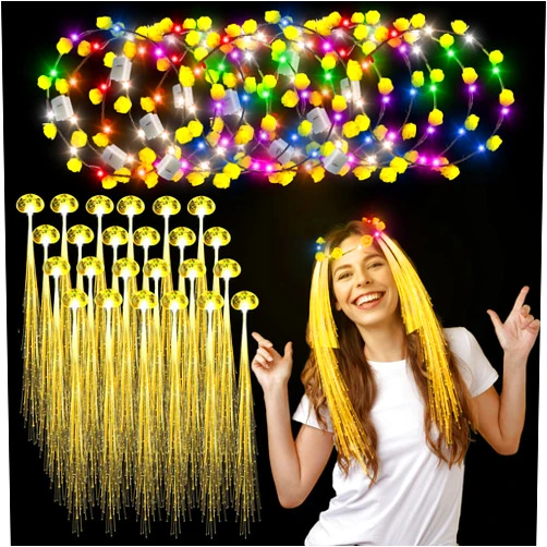 Generic 36PCS Yellow Easter LED Lights Hair and LED Flower Crown Headband Set,Easter Yellow Hair,Light-Up Fiber Optic LED Hair Barrettes Extensions,Glow in The Dark Hair Accessories for Wedding Mother's Day