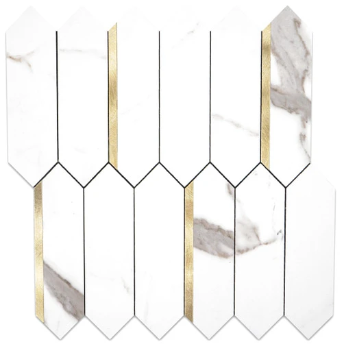 KASARO Peel and Stick Backsplash Long Hexagon Wall Tile, 10-Pieces PVC Self Adhesive Mosaic Tiles, Marble White with Vintage Gold Stripes Decorative for Kitchen, Bathroom and Fireplace
