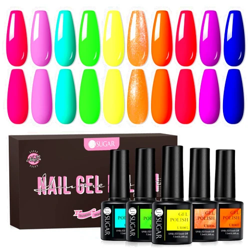 UR SUGAR Neon Gel Nail Polish Set, 10 Colors Hot Pink Orange Yellow Green Blue Red Purple Neon Pastel Color Spring Summer Nail Polish Fluorescent Gel Polish Set Soak Off Gel Nail Gifts Set for Women