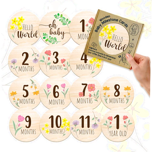 EnjoyMyDesign Floral Baby Monthly Milestone Wooden Circles for Newborn Girl Photography Props 7 Reversible Wooden Monthly Milestone Baby Photo Cards Pregnancy Baby Girl Newborn Essentials Baby Keepsake