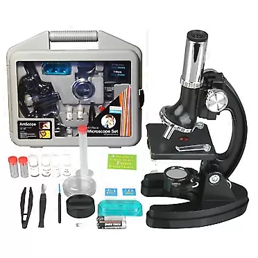 AmScope 120X-1200X 52-pcs Kids Beginner Microscope STEM Kit with Metal Body Microscope, Plastic Slides, LED Light and Carrying Box (M30-ABS-KT51),Black