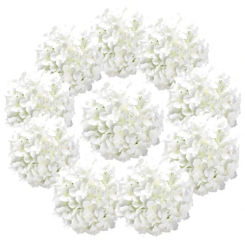 Flojery Silk Hydrangea Heads Artificial Flowers Heads with Stems for Home Wedding Decor,Pack of 10 (White)