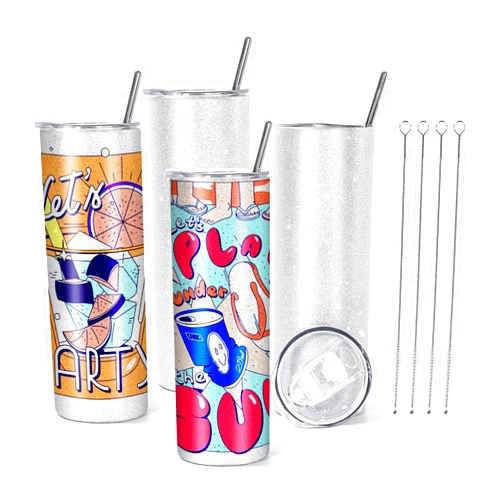AGH Sublimation Glitter Tumbler Blanks 20oz Glitter Skinny Tumbler Bulk, 4 Pack Silver Stainless Steel Double Wall Insulated with Lid and Metal Straw