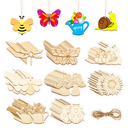 Sophena 80PCS Wooden Spring Ornaments to Paint, 8 Styles DIY Blank Unfinished Wood Cutouts Ornament for Home Crafts Hanging Decorations, Insect Dragonfly Butterfly Snail Watering Can Mushroom Flower Shape