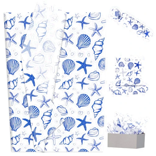 JarThenaAMCS 100 Sheets Ocean Tissue Paper Blue Sea Shell Starfish Gift Wrapping Paper Coastal Beach DIY Art Craft Tissue for Wedding Birthday Summer Party Decor Supplies, 14 x 20 Inch