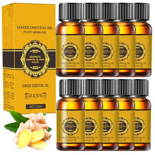 ANKOOY 10 Pack Belly Drainage Ginger Oil, Ginger Oil Lymphatic Drainage Massage Oil, Natural Lymphatic Drainage Ginger Oil,Ginger Massage Oil,Plant Aroma Oil, Natural Ginger Essential Oil
