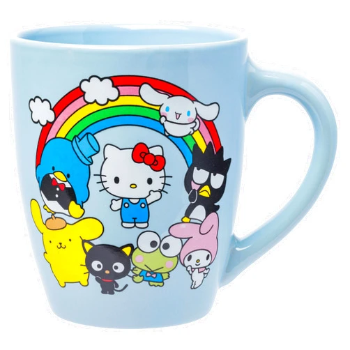 Silver Buffalo Sanrio Hello Kitty and Friends Featuring Badtz-Maru, My Melody, Cinnamoroll, Pompompurin, Tuxedo Sam, Keroppi, and Chococat Rainbow Jumbo Curved Ceramic Mug, 25 Ounces