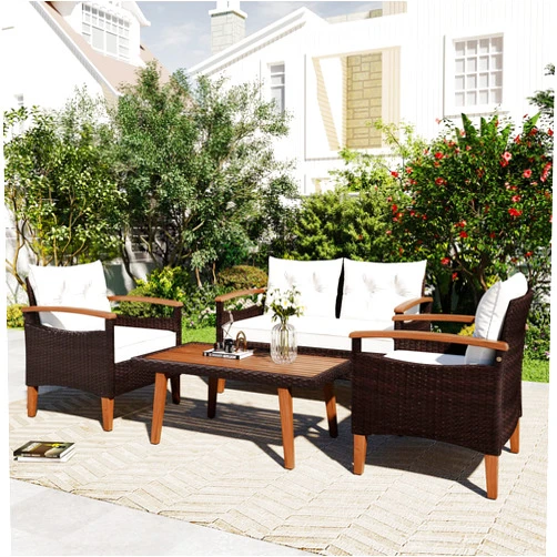 SZUBEE 4-Piece Wicker Garden Patio Seating Furniture PE Rattan Outdoor Sofa Set with Wood Table and Legs for Backyard, Porch, Poolside, Beige