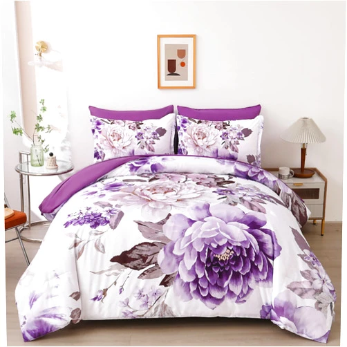 Dintszyayue 7 Pieces Comforter Set King, Purple Floral Bed in a Bag, Elegant Flower Print Bedding Sets Lightweight Bed Comforter Set for All Season with Flat Sheet, Fitted Sheets, Pillowcases & Shams