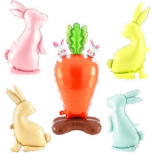 Cinnvoice 5 Pcs Easter Balloons Large Size Bunny Rabbit Carrot Shaped Foil Balloons with Base Standing for Happy Easter Birthday Party Spring Baby Shower Animal Themed Party Decorations