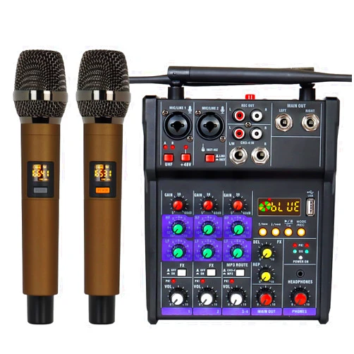 Flygrow Audio Mixer 4 Channel DJ Mixer with Dual Wireless Microphone Sound Board Console MP3 Bluetooth 48V Phantom Power USB Interface for Home Karaoke Studio Recording