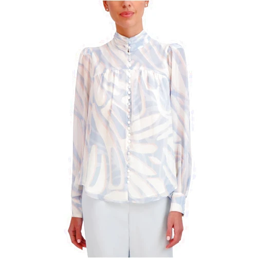BCBGMAXAZRIA Women's Mock Neck Long Bishop Sleeve Printed Blouse