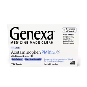 Genexa Extra Strength Pain & Fever PM Acetaminophen & Sleep Aid Caplets, 100 Count 100 Count (Pack of 1)