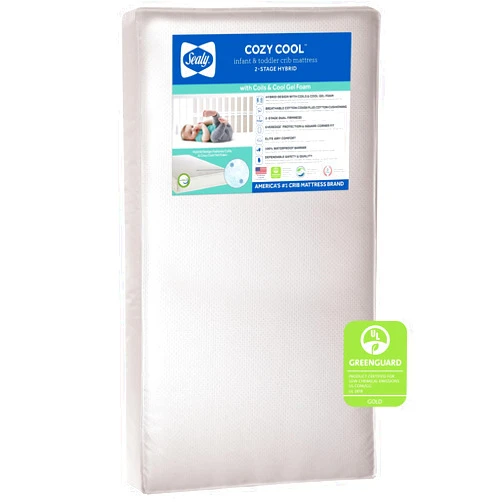 Sealy Baby Cozy Cool 2-Stage Dual Firmness Waterproof Baby Crib Mattress & Toddler Bed Mattress, Hypoallergenic Cool Gel, 204 Premium Coils, Cool Cotton Cover, Air Quality Certified - Made in USA, 52