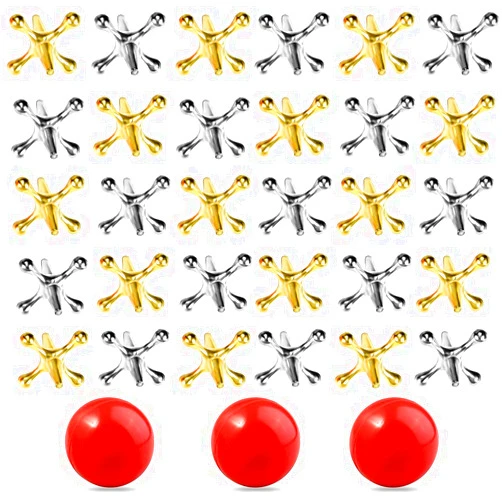Neo LOONS 3 Sets Retro Metal Jacks and Ball Game Kit - 3 Pcs Red Rubber Balls & 30 Pcs Gold and Silver Metal Jacks, Classic Game of Jacks for Party Favor, Game Prizes, Kids and Adult