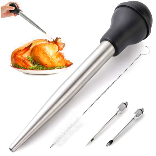 Zulay Kitchen Stainless Steel Turkey Baster for Cooking - Food Grade Metal Turkey Baster Syringe & Silicone Suction Bulb - Turkey Baster Large Size - Includes 2 Detachable Needles and Cleaning Brush