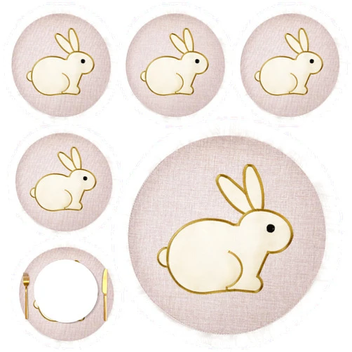 Gandeer Easter Placemats Set of 6 Embroidered Bunny Burlap Natural Color Place Mats Rustic Vintage 15 Inch Round Placemats Spring Rabbit Washable Table Mats for Easter Table Home Party Decoration
