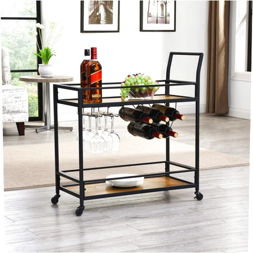 FirsTime & Co. Black and Brown Gardner Bar Cart, 2 Tier Mobile Mini Bar, Kitchen Serving Cart and Coffee Station with Storage for Wine and Glasses, Metal and Wood, Modern