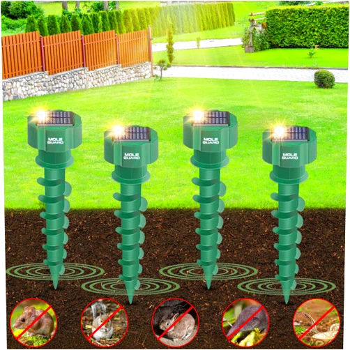Mole Guard Mole Repellent Solar Powered Ultrasonic, Waterproof Solar Groundhog Repeller Snake & Gopher Deterrent, Spike to Get Rid of Burrowing Rodents, Vole Repellent, Pest Control for Lawn & Garden 4 Pack