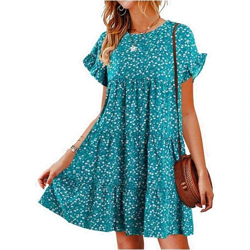 Chuanqi Womens Ruffles Boho Floral Printed Babydoll Loose Swing Casual Short Mini T-Shirt Dress
