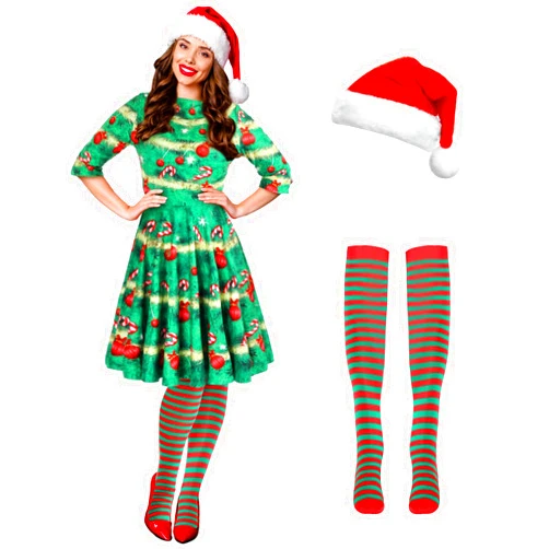 Hillban 3 Pcs Christmas Elf Costume Set Womens Short Sleeve Christmas Dress Thigh High Socks Santa Hat