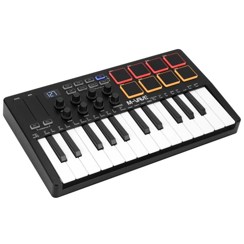 M-Wave 25 Key USB MIDI Keyboard Controller With 8 Backlit Drum Pads, Bluetooth Semi Weighted Professional dynamic keybed 8 Knobs and Music Production,Software Included (classics) K5