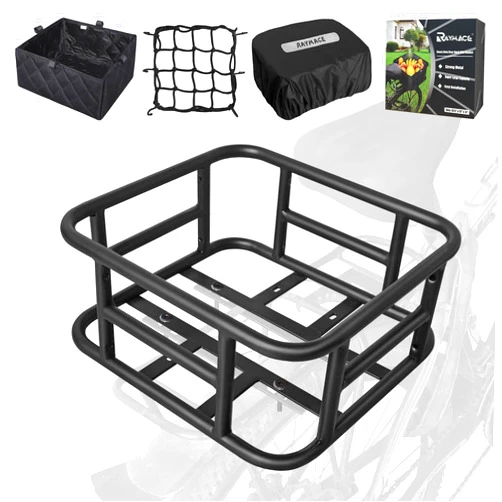 RAYMACE Rear Rack Bike Basket with Cargo Net,Rainproof Cover and Thickened Liner Heavy Duty Bicycle Basket Perfect Mount for Electric Bike