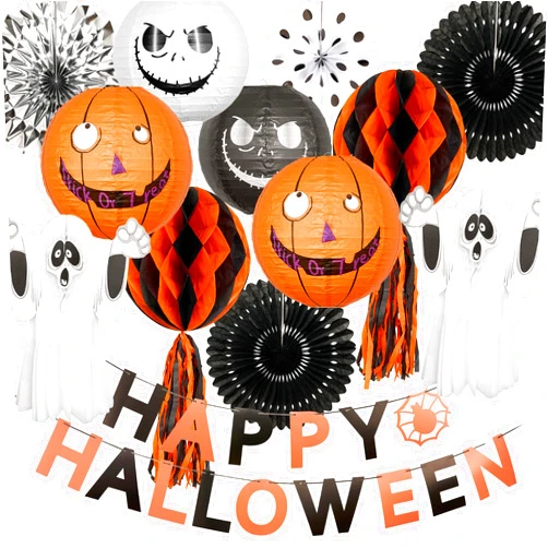 PAPER FAIR 13Pcs Halloween Hanging Decoration Paper Lantern Set, Orange Jack-O-Lantern Black Pom Pom Ghost Fan Banner for Indoor Outdoor Spooky Home Decor, Party Supplies Props, Assorted 8