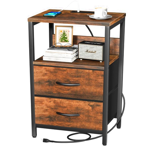 Yoobure Nightstand with Charging Station, Small Night Stand with Fabric Drawers and Storage Shelf for Bedrooms, Small Spaces, Bedside Table with USB Ports & Outlets