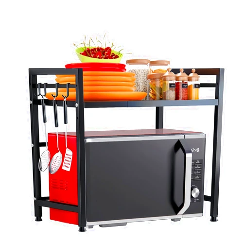 WonCherry Expandable Microwave Stand, 2 Tier Extendable Metal Microwave Oven Rack Shelf, Adjustable Rice Cooker Toaster Rack, Kitchen Counter Shelf Organizer with 8 Hooks, Length 15.7~23.6