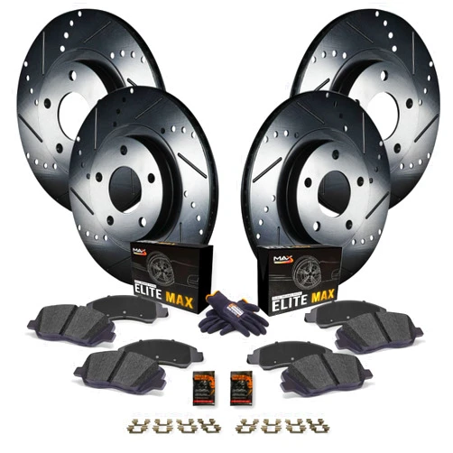 Max Advanced Brakes Front & Rear Brake Kit For 2012-2015 Honda Civic Si 2013-2015 Acura ILX w/ 2.4L Engine Replacement Drilled Slotted Black Coated Disc Brake Rotors and Ceramic Brake Pads