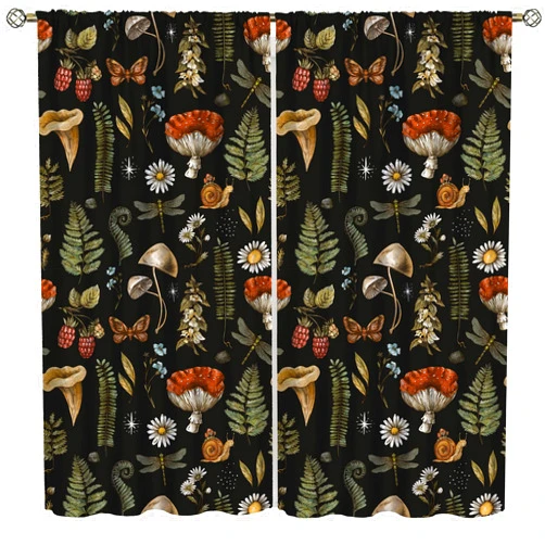 AAVEUP Rustic Mushroom Curtains, Vintage Black Fairytale Boho Forest Woodland Leaves Plants Mushrooms Flowers Windows Treatments Drapes for Kids Boys Girls Bedroom 42x45in（No Blackout）