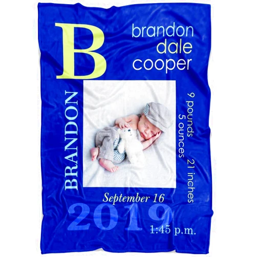 Yeh Gift Personalized Baby Photo Newborn Blanket with Birth Information for Girls and Boys. Customized Name Blanket from Baby's Name, BirthDate, Weight. Gift for New Born Baby, New Dad Mom Grandma (Blue)