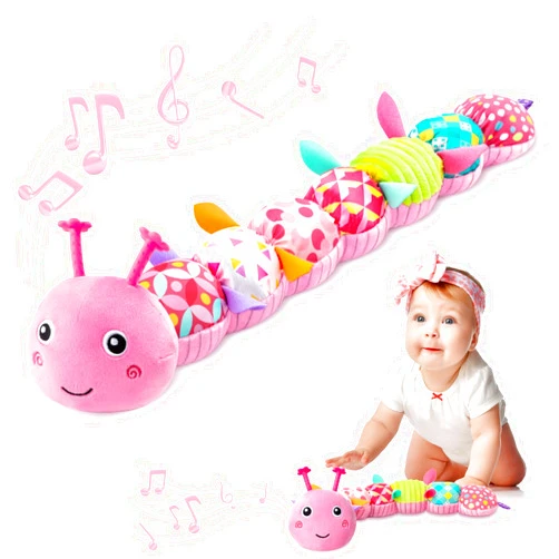 AWOTOY Baby Toys 0-6-12 Months,Infant Musical Stuffed Animals Activity Toys with Muti-Sensory Crinkle,Rattles,Baby Girl Toys Gifts for Newborn Tummy Time,Caterpillar,Pink
